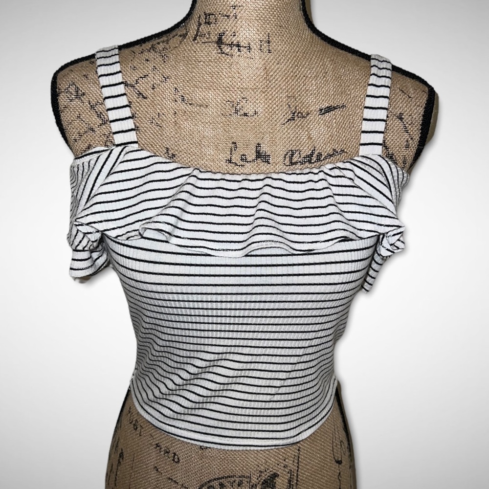 Black & White Stripe Cold Shoulder Crop Top